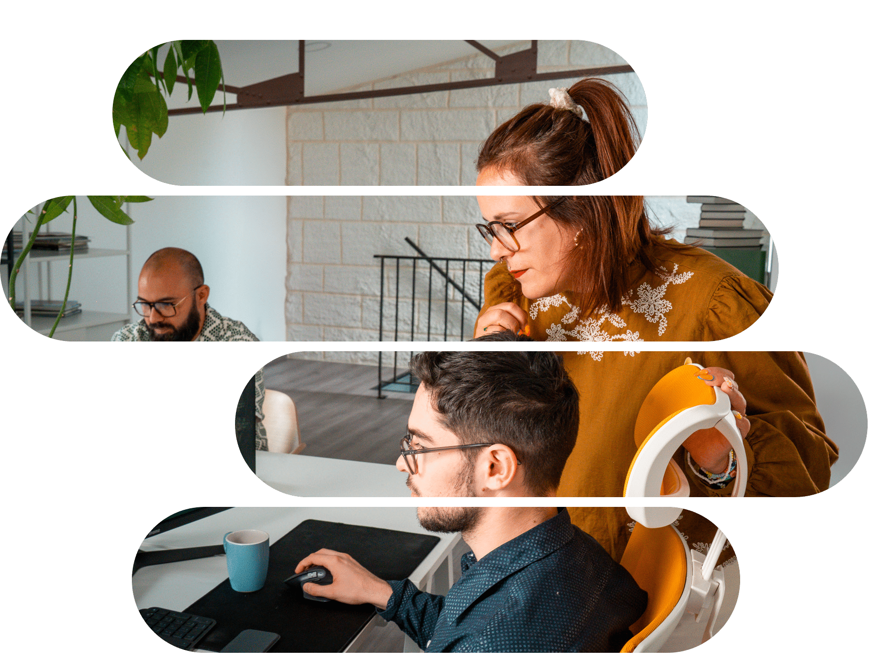 Photo des 3 membres de l'équipe de l'agence web Qwery devant leur ordinateur